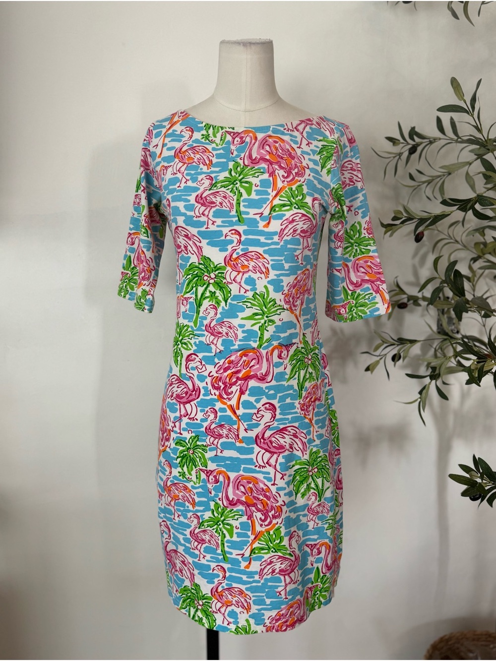 Barbara Gerwit Flamingo Palm Print Shift Dress Size S Colorful Resort Coastal